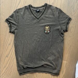 D&G Khaki V-Neck Tee with Embroidered Emblem